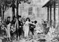 Cuadro realizado por Tony Robert Fleury<br>en 1876, representa la liberación de los<br>alienados de sus cadenas por orden<br>de Philippe Pinel en el<br> hospital Salpêtrière de París en 1794